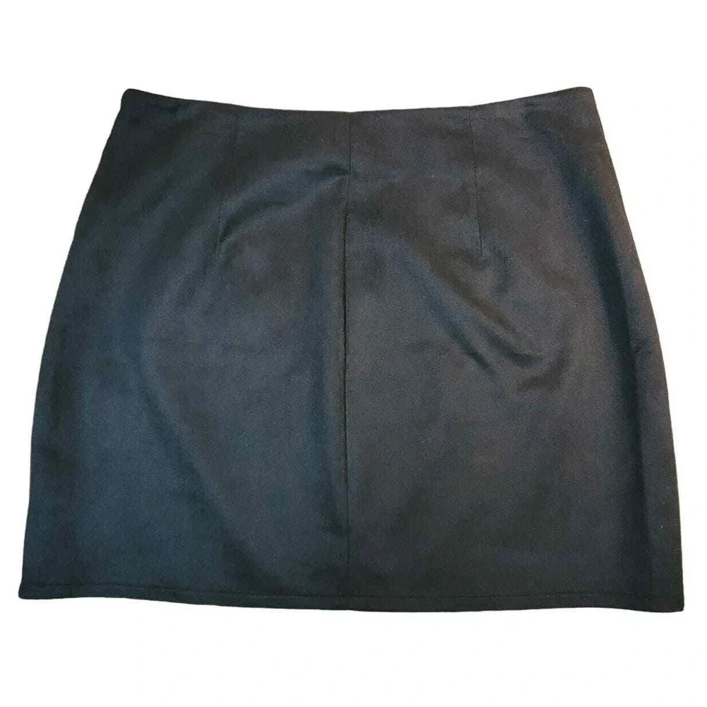 Kancy Kole Black Faux Suede‎ Mini Skirt Front Zip Faux Leather Trim Pockets XL
